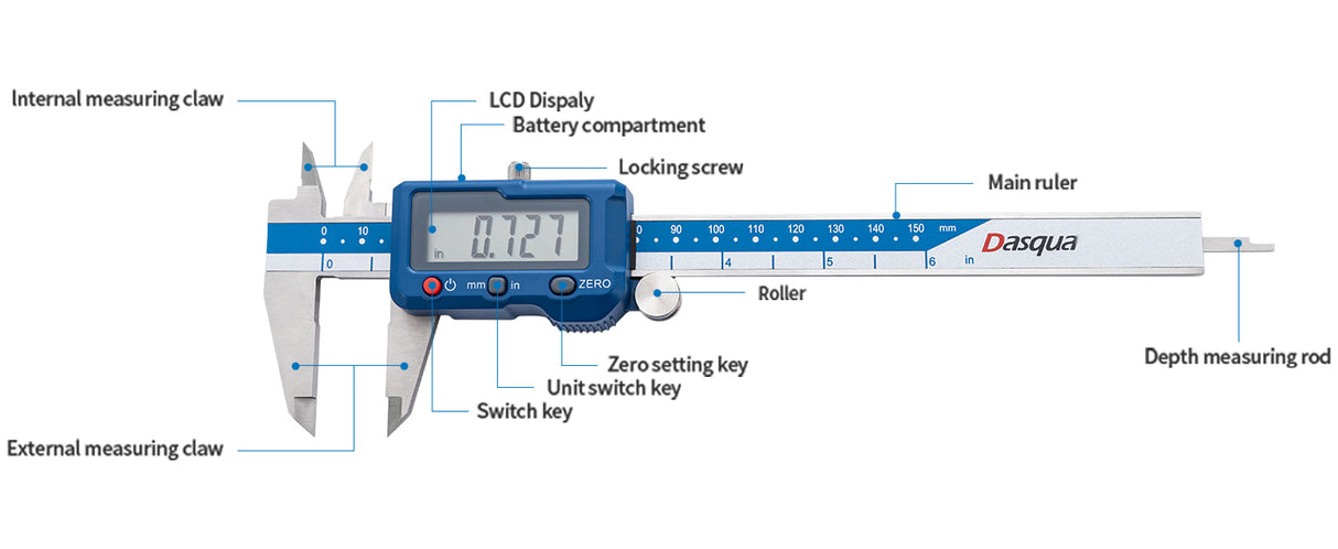 Dasqua Digital Vernier Caliper 150mm 6in Long Metric & Imperial with Case