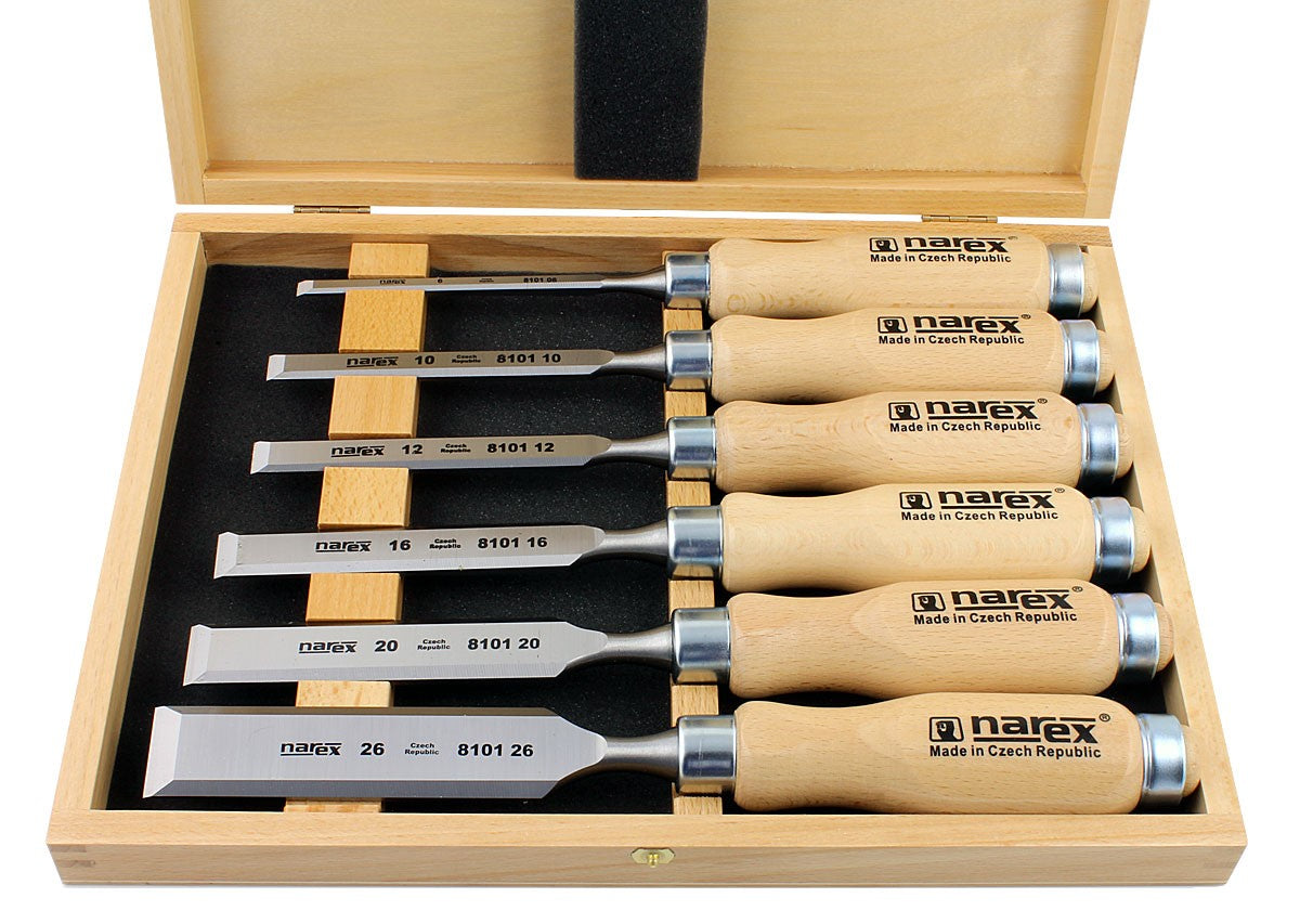 Narex Set of 6 Cabinet Chisels Bevel Edge in Wooden Case for Wood Joinery