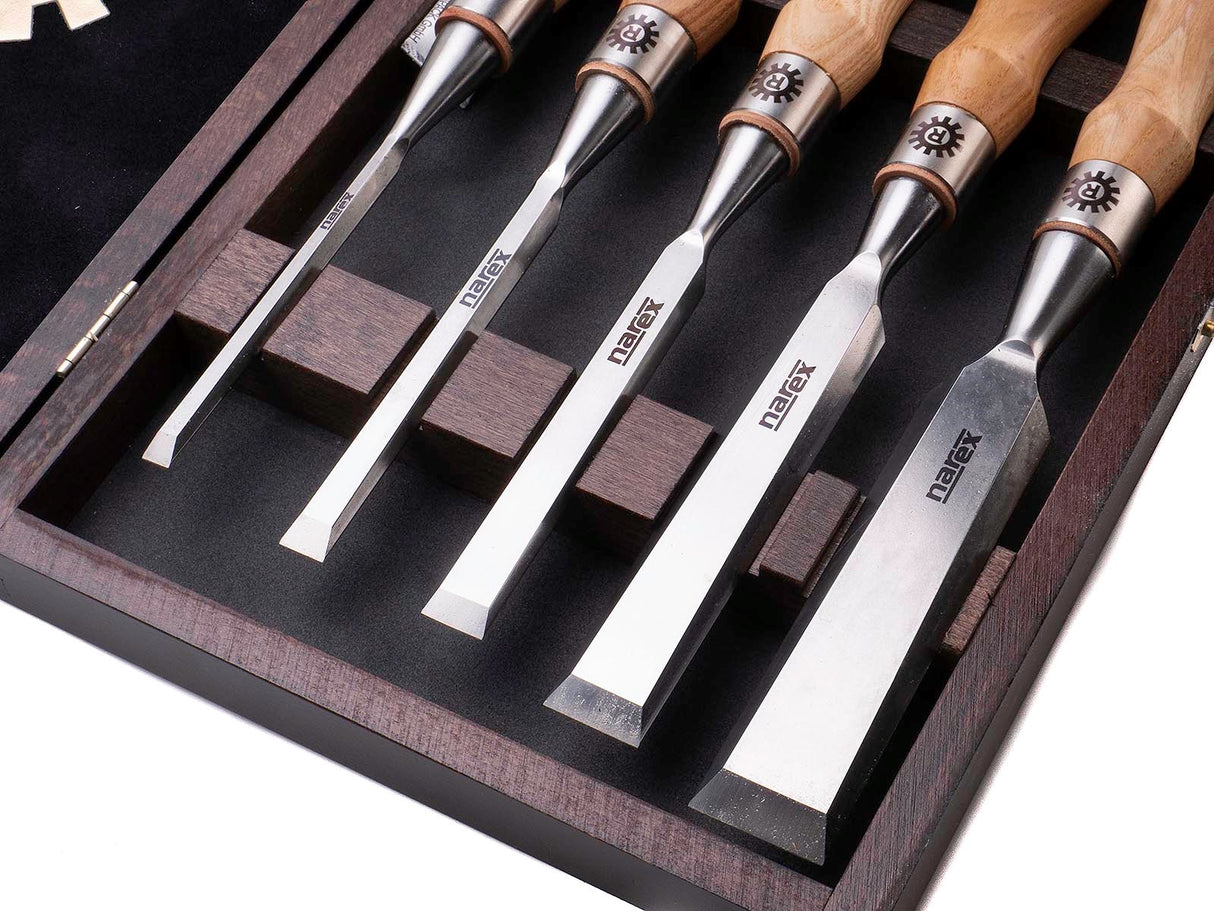 Narex Set of 5 Cryogenic Steel Cabinet Chisels Bevel Edge in Wooden Case