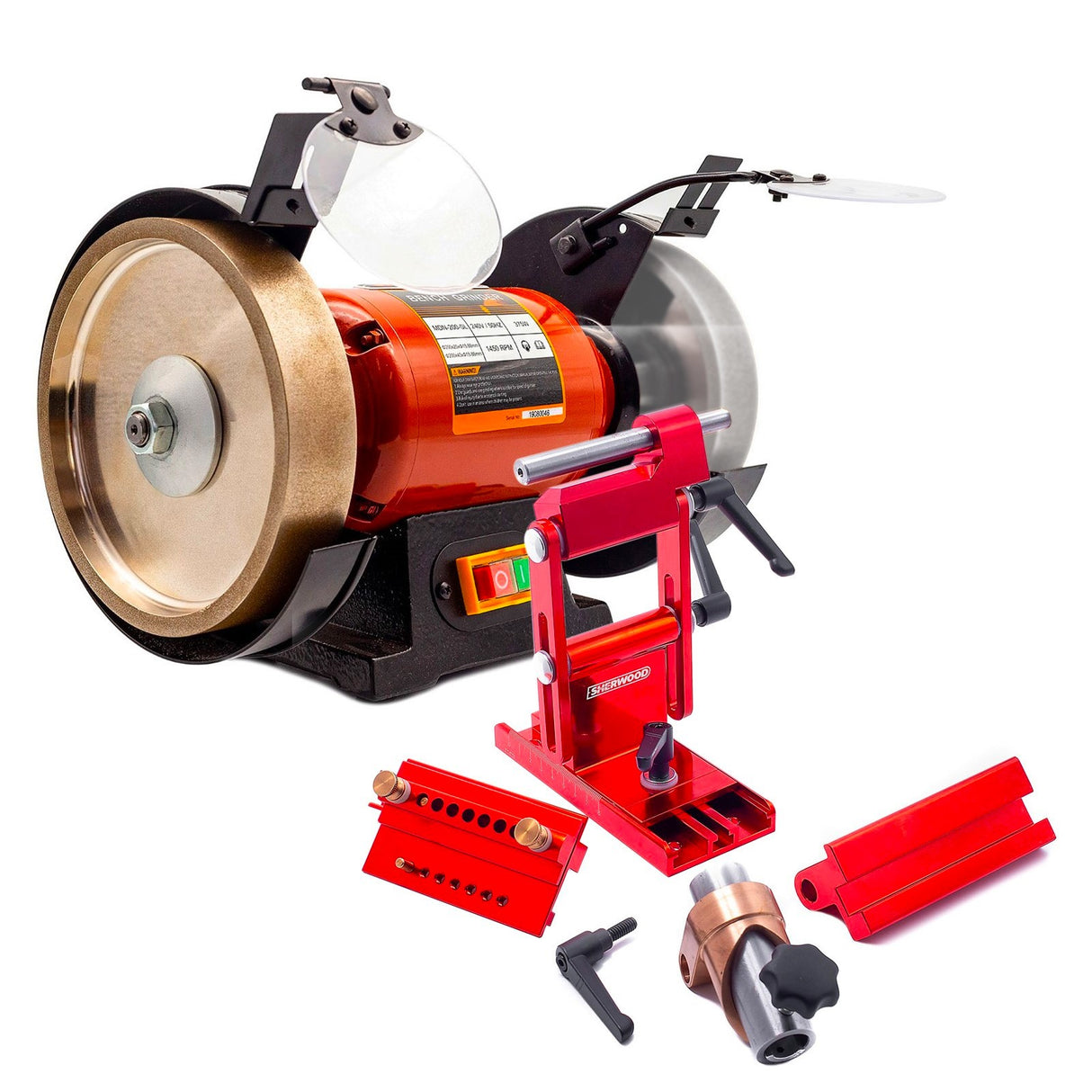 Sherwood 8in Slow Speed CBN Wheel Bench Grinder 1400RPM 1/2HP Motor with HeliGrind Set