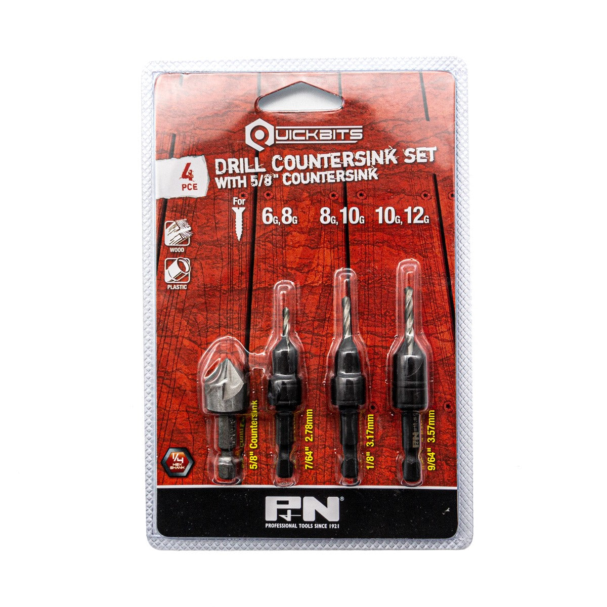 P & N Quickbit Drill Bit and Countersinks Four Piece Set 1/4in Hex Shank