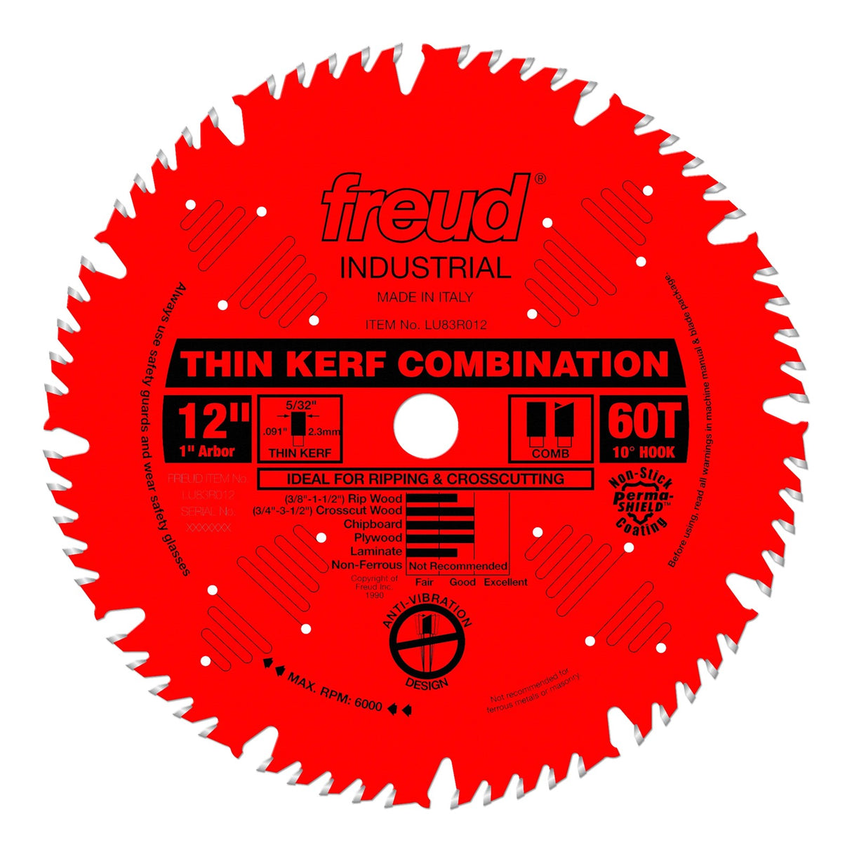 Freud Heavy-Duty Thin Kerf Combination Circular Saw Blade 305mm Diameter 25.4mm Bore 60 Teeth