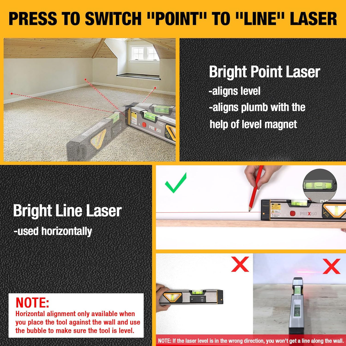 Prexiso 12in Line & Point Laser Spirit Level Magnetic Battery Powered