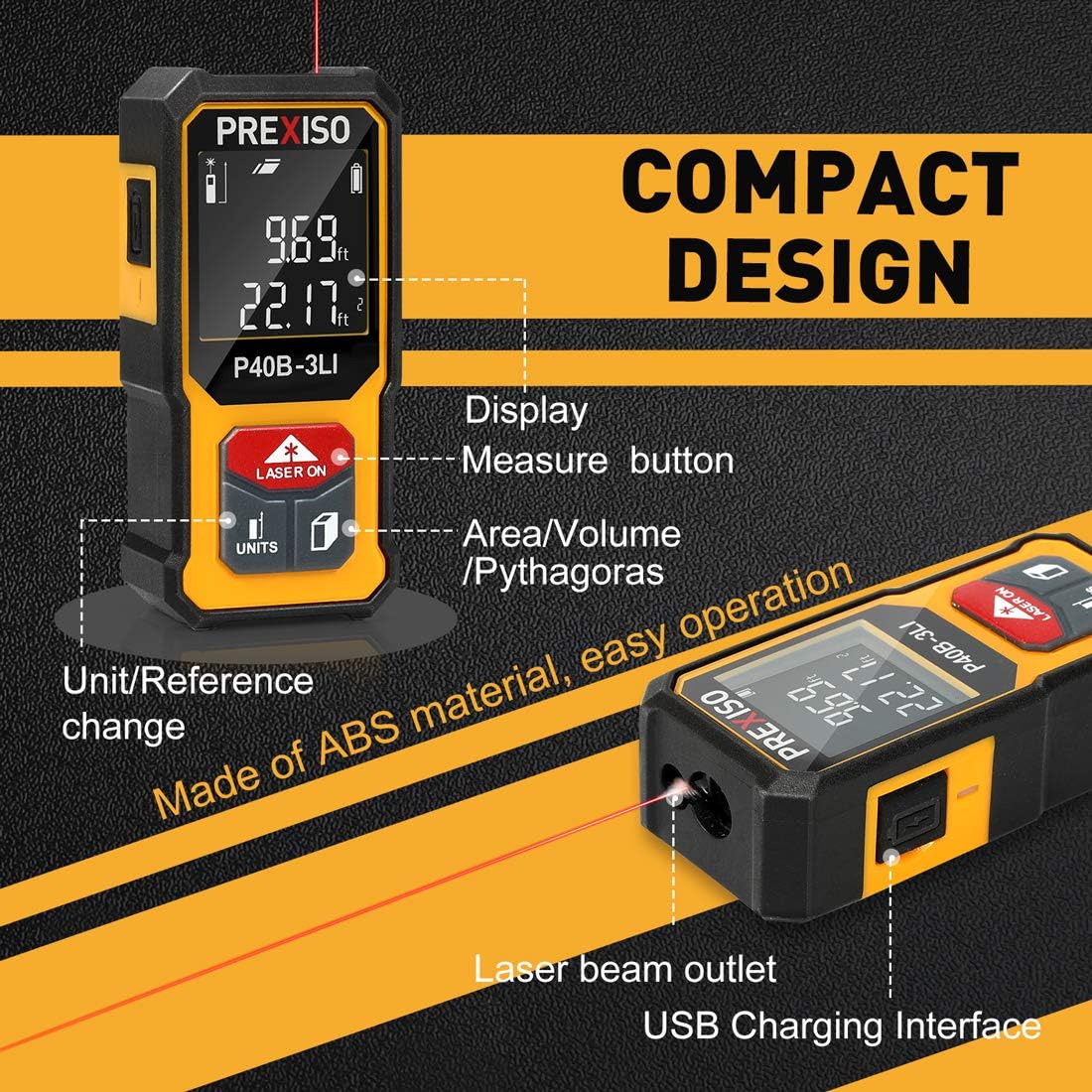 Prexiso Mini Laser Measure 40m Metric/Imperial Rechargeable