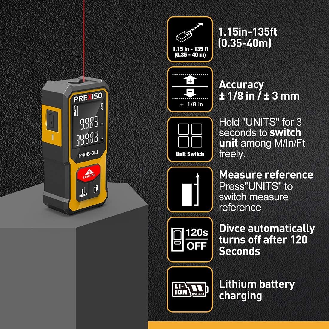 Prexiso Mini Laser Measure 40m Metric/Imperial Rechargeable