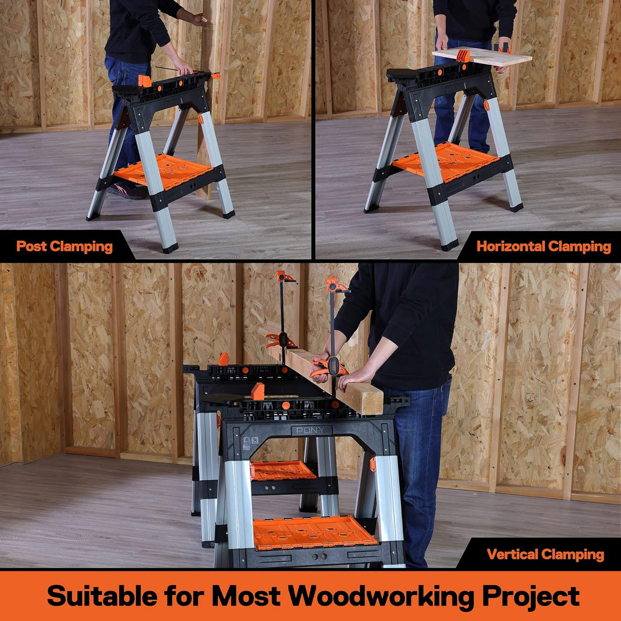 Pony Jorgensen 2-Piece Clamping Sawhorse includes Clamps & Bench Dogs