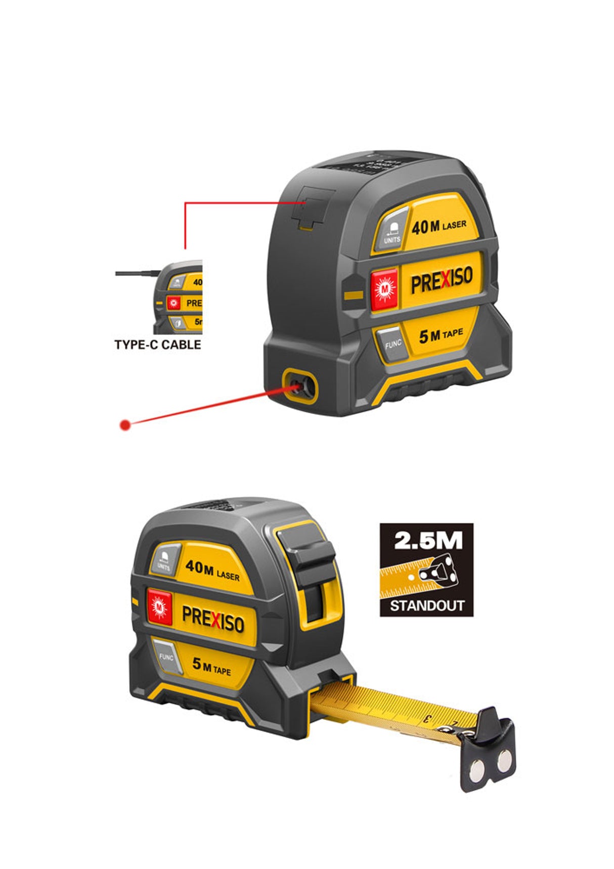 Prexiso 2-in-1 40m Laser Measure & 5m Tape Measure Metric/Imperial Rechargeable