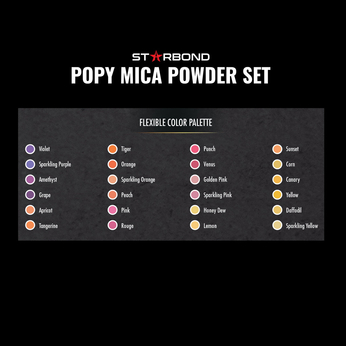 Starbond Purple, Orange, Pink & Yellow Mica Powder Pigment Set of 24 Colours 10g