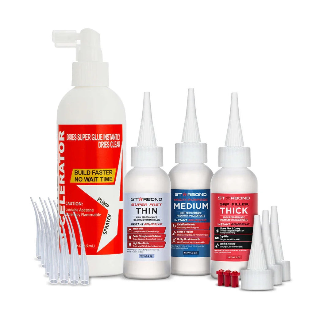 Starbond 2oz Thin, Medium, Thick CA Super Glue and 4oz Pump Accelerator Bundle