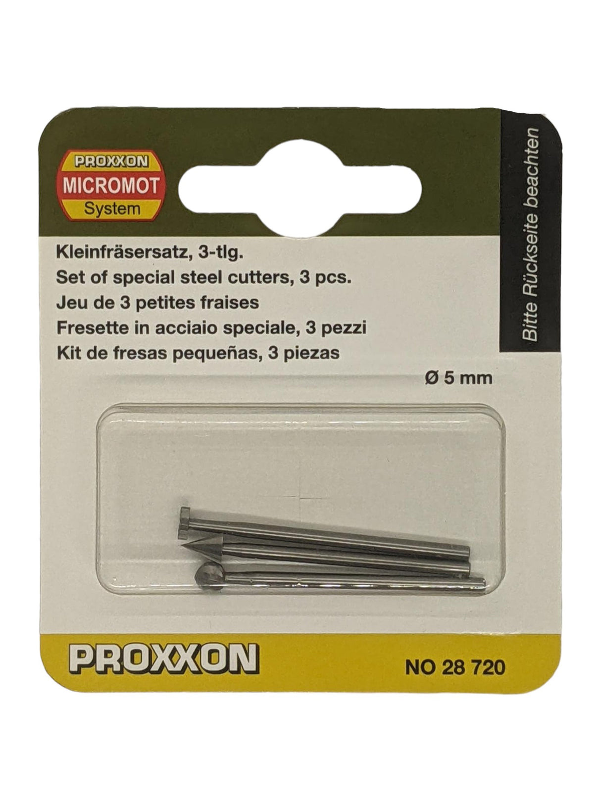 PROXXON Tungsten Vanadium Milling Bits 5mm Pack of 3 Assorted Shapes